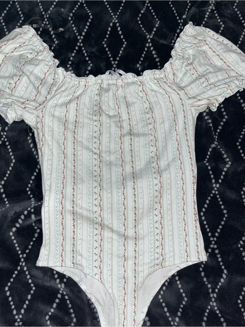 Celebrity Pink White Striped Floral Off-Shoulder Bodysuit
